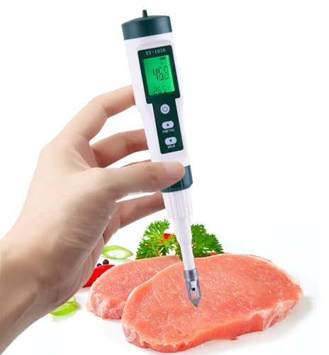 Testeur De PH Alimentaire – ABS 23x4,2x4,2 Cm | PH-mètre Portable Haute Précision Avec Sonde | Analyseur Pour Eau, Fromage, Levain, Conserves Et Viande Avec Compensation Thermique Et Verrouillage