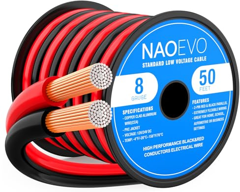 NAOEVO 8 Gauge Wire 50FT, 2 Conductors Electrical Wire Red Black Cable, Flexible/Low Voltage/PVC 8 AWG Copper Clad Aluminum Extension Cord for Speaker, LED Strips, Automotive 12V/24V DC