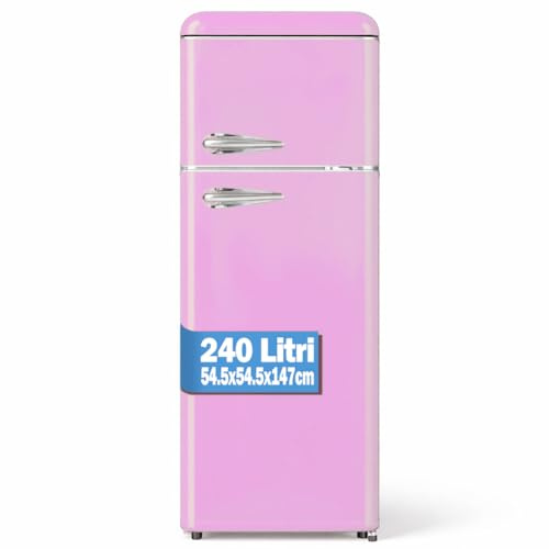 BAKAJI Frigorifero 240 Litri Doppia Porta Design Anni 50, Frigo con Congelatore Salvaspazio, Silenzioso, Temperatura Regolabile, Alto Livello di Stoccaggio, 54.5 x 54.5 x 147 cm (Rosa)