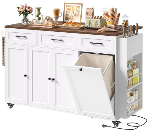 FirFurd Isola Cucina con Presa Integrata e Ruote, Carrello Cucina con Piano di Lavoro Pieghevole e Portacoltelli, Penisola Cucina con Spazio per Bidone, 135x60x88cm, Senza Bidone, Bianco