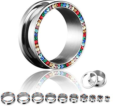 Treuheld® | KRISTALL Flesh Tunnel - Bunte Regenbogen Kristalle - 19 Größen: 2-30mm - Silber - schraubbar - Piercing Ohr Tunnel aus Chirurgenstahl 316L (nickelfreier Edelstahl) - Stahl