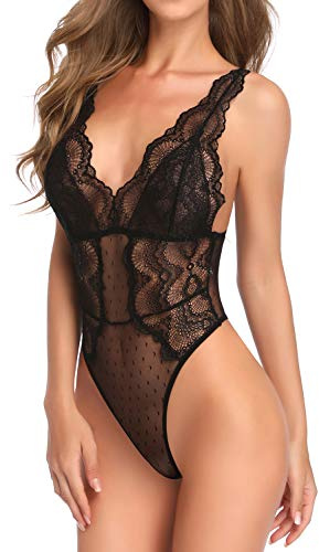 Garmol Women Lingerie Lace Bodysuit Deep V Neck Dobby Mesh Body Suits Teddy (Black, Large)