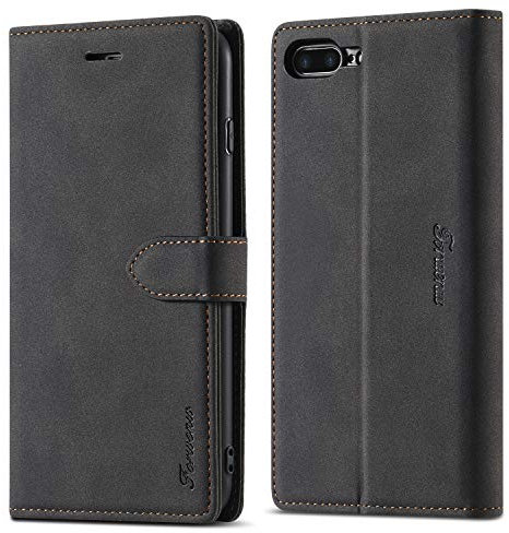 EYZUTAK LederHülle für iPhone 7 Plus iPhone 8 Plus, Magnetverschluss Premium PU Leder Flip Case mit Kartenfächern Brieftasche Standfuntion stoßfeste Silikonhülle Vintage Ledertasche - Schwarz