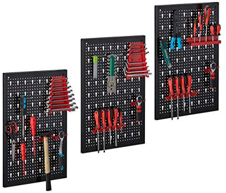 Relaxdays Pannello Portautensili, Set 3 Pareti con 17 Ganci Porta Utensili, Parete Banco da Lavoro, 60 x 39, Nero/Rosso