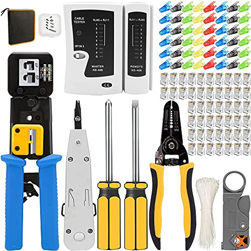 Mayline - Crimpadora rj45, herramientas kit de red profesionales, mantenimiento del ordenador, kit LAN, conectores RJ11/RJ12 regulares y trabillas (azul)
