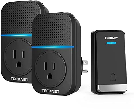 TECKNET Wireless Doorbell, Self-Powered Doorbell, 0-110db Plug-through Wireless Doorbell Ringer for Homes Classroom, IP66 Waterproof 1300ft Door Chime with Extra Socket, 60 Chimes, LED Light (Black)