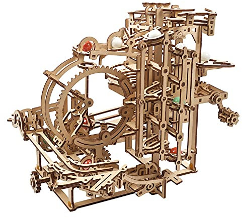 UGEARS Holz-Kugelbahn-Set – Vatertagsgeschenk, 3D-Puzzle, Holz-Kugelbahn, Stufenaufzug mit 3-stufigem Hebemechanismus und 10 Murmeln – kinetisches DIY-Kugelbahn-Holzpuzzle – 3D-Holzpuzzle