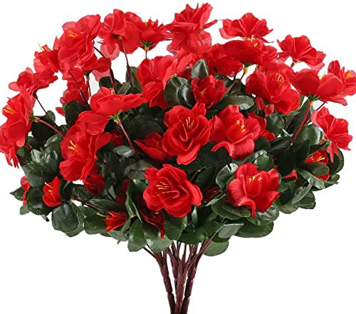 GTIDEA Künstliche Azaleen aus Seide, 4 Stück Künstliche Primeln, Blumenstrauß-Arrangements für Haus, Garten, Terrasse, Hochzeit, Party, Weihnachten, Dekoration, Rot