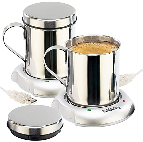 PEARL USB Tassenwärmer: 2er-Set USB-Warmhalteplatten mit Isolier-Tasse (Heizplatte, Tassenwaermer, Kfz)