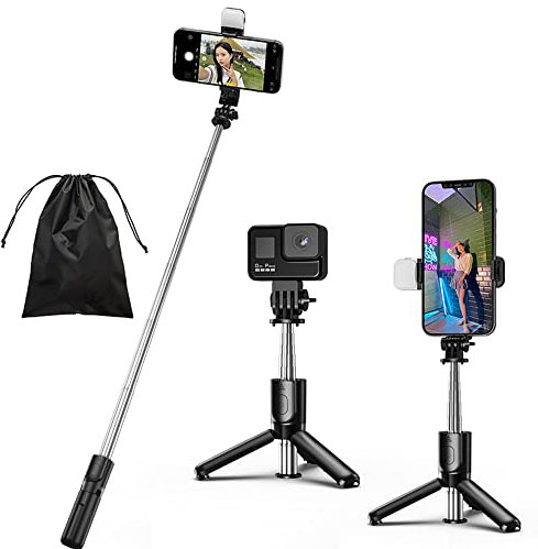 KOMI Selfie Stick - Treppiede 4 in 1 Selfie Stick con luce di riempimento Mini treppiede per telefono estensibile portatile con telecomando wireless staccabile compatibile con iPhone (Mini nero+luce)