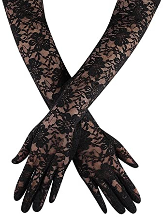 UV Protection Lace Arm Sleeves, Women's Floral Long Lace Gloves Hollow Out Sunscreen Gloves for Halloween Wedding Tea Party Driving Riding