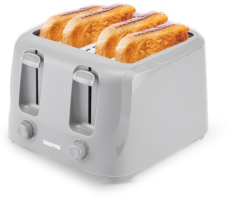 GEEPAS 4 Slice Toaster | 6 Browning Levels with Cancel Function | For Thin Small Bread Slice | 2 Independent Controls 2 Removable Crumb Trays Cool Touch High Lift | 1 Yr Warranty 1400W Grey