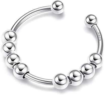 JeweBella Anti-stress-ring för kvinnor i 925 sterlingsilver med pärlor, ångestring, justerbar, vridring, öppen ring, spinner, smyckesgåvor för kvinnor och flickor, Sterlingsilver