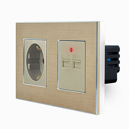 Luxus-Time Steckdose mit 2-Fache USB dose im zweifachen Aluminiumrahmen für die DE Unterputzdose Einbau Steckdose 2x USB-Dose zum aufladen von Smartphones Tablets PC uvm in Gold LXBA2-13-71-2USB-13