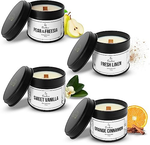 SORILINA Pack Velas Aromáticas con Cerillas y Caja Regalo, 4 Velas Pequeñas de Soja y Mecha de Madera, Set para Regalo, Hecho a Mano en España, 80gr/u 20h/u (4 Aromas)