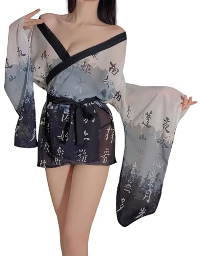 Temptshow Disfraz de kimono japonés sexy para mujer, bata de geisha, camisón anime cosplay, Negro blanco, Talla única