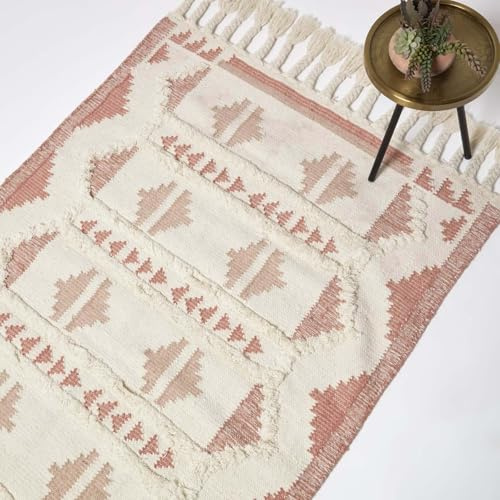 Homescapes Satara Kelim Teppich rosa 160x230 cm, Fransen-Teppich handgewebt, Quasten-Teppich Wolle