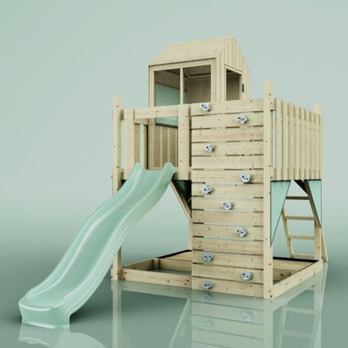 Rebo Spielturm aus Holz mit Wellenrutsche | Outdoor Klettergerüst mit Plattform, Spielhaus, Kletterwand, Sandkasten und Kleterseil