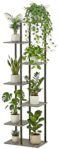 JEPRECO Plant Stand Indoor 7 Tier 8 Potted Metal Wood Plant Shelf, Multiple Flower Pots Corner Tall Plant Holder Stands for Living Room Balcony Bedroom, Oak Grey