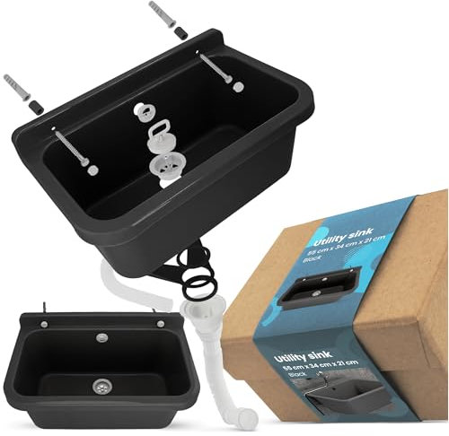 Lavandino da Camera Lavabo Commerciale Industriale Profondo Esterno Giardino Garage Lavanderia Bagno Fabbrica 55 x 34 x 21 cm Nero Polipropyleno Vasca Singola
