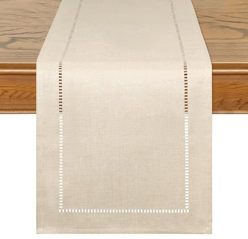 LOMOHOO Rustic Table Runner 72 Inches Long, Cotton Linen Boho Table Runners, Farmhouse Table Runners, Braided Striped Coffee Table Runner for Dinner Party Holiday 15 x 72 Inches (32x180cm, Beige)