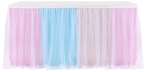 Tüll-Tischrock für Hochzeit, Party, Geschirrtuch für Dusche, Geburtstag, Bankett, Hochzeit, Tischabdeckung, Heimdekoration, Partygeschirr, 4,27 m lang, 0,77 m, Gelb, Rosa, Blau