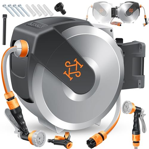 KESSER® Avvolgitubo con Tubo da Giardino 20 m, a Parete, Avvolgitubo girevole a 180° e a rientro automatico, Portagomma a Parete con Doccia a mano a 7 funzioni, Grigio Chiaro/Grigio