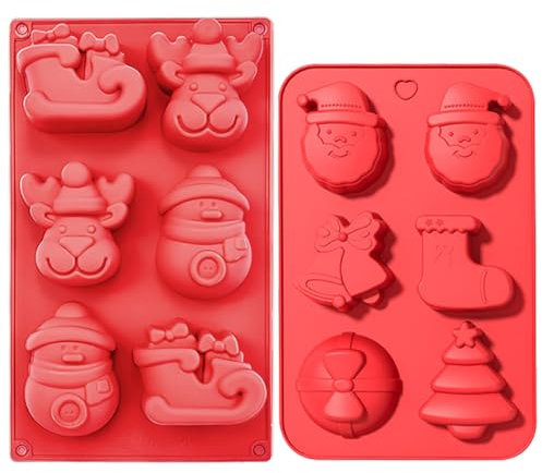 Pack of 2 Christmas Silicone Moulds, Non-Stick Silicone Mould with 6 Cavities, Chocolate Moulds for Christmas, Silicone Baking Mould for Chocolates, Muffins, Cupcakes (Red)