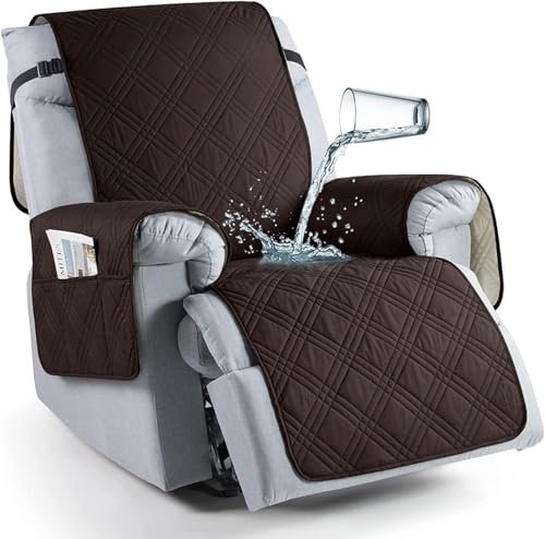 Wttagkl Sesselschoner für Fernsehsessel, 100% Wasserdicht 1 Sitzer Sesselschoner, Anti-Rutsch Sesselauflage Relax mit Taschen Waschbar Sessel Überwürf Sesselbezug,Braun-Großer 1-Sitzer