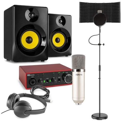Power Dynamics Vonyx CM400 Vocal Recording Kit - Complete Home Studio Package with Microphone, USB Audio Interface, Reflection Filter, Headphones & 140W Studio Monitors