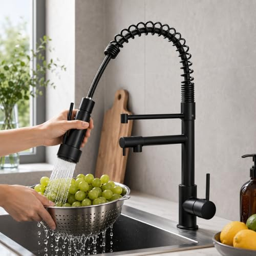 Robinet d'évier de cuisine pivotant à 360° avec deux becs, arc haut avec pulvérisateur extractible, mitigeur froid et chaud avec raccords standard, noir
