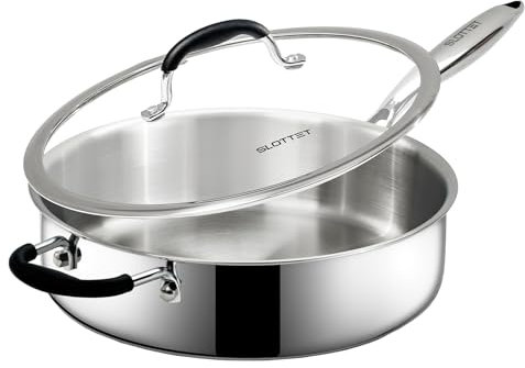 SLOTTET Tri-Ply Stainless Steel Saute Pan with Lid, 5 Quart Deep Sauté Pan with Stay Cool Handle,11.5 Inch Frying Pan,Dishwasher and Oven Safe,Induction Stainless Steel Cookware