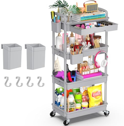 Yeabett Carro de almacenamiento de 4 niveles con cajón, carro multiuso con estante de plástico y ruedas con bloqueo, carro de almacenamiento multifuncional para cocina, baño, oficina, sala de estar,