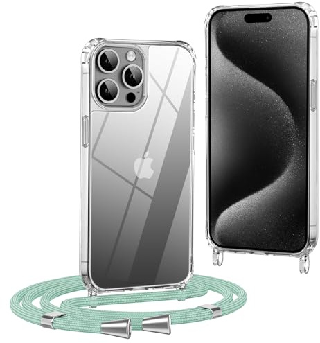 OLEPHY Handykette für iPhone 15 Pro Max Hülle mit Band, MatchaGrün | Handyhülle mit Verstellbarem und Demontage Umhängeband, Transparent Stoßfeste Hülle zum Umhängen Kordel, (6,1 Zoll)