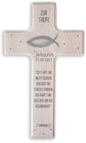 hellomini Personalisierbares Taufkreuz mit 3D-Namen & Taufspruch – Handgefertigtes Holzkreuz Buche – Individuelles Geschenk zur Taufe - Taufgeschenk für Kinder (Fisch Bunt)