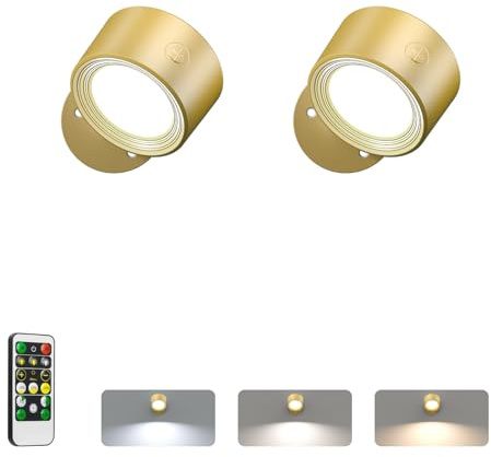 LED Wall Reading Lights with Remote, 2 Pcs Rechargeable Wall Mounted Reading Sconces Lamp 3000mAh, 3 Colors & Dimmable Magnetic 360° Rotation Wall Lighting Spotlights for Bedroom Bedside, Gold