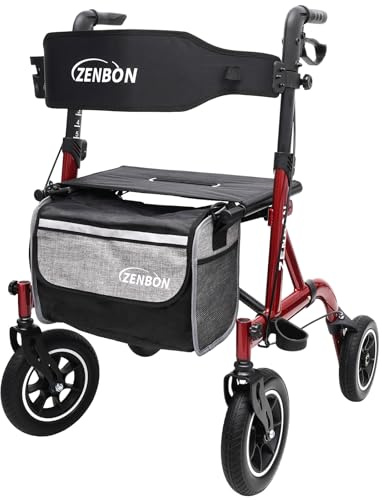 Rollator Faltbar und Leicht mit Sitz: Rollator für die Wohnung Innen Außen mit Rückenlehne und Gehstockhalter - Rollatoren für Senioren Klappbar Aluminium Draußen Langlauf Reisen (Rot)