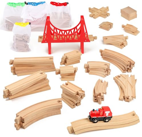WudBudz Wooden Train Tracks 60 Piece Set, Track Expansion Accessories for Toddlers 3-5 - 100% Compatible with All Major Brands Including Thomas & Brio Wooden Railway System