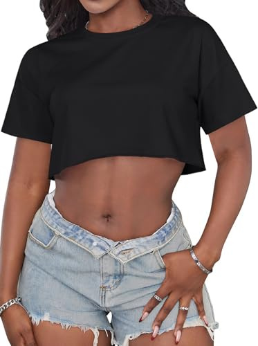 Crop Tops for Women Casual Short Sleeve T Shirts Summer Basic Top Crew Neck Oversized Cropped Tees(Black, S)