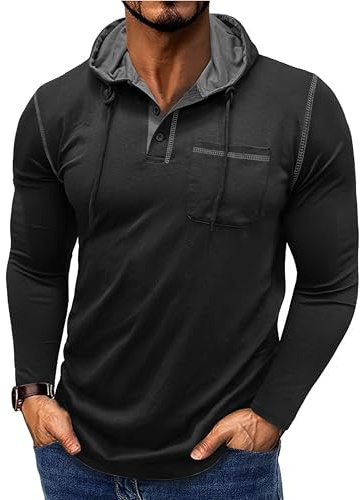 Halfword Sweat à Capuche Homme - Manches Longues Col à Boutons Coupe Cintrée - Sportswear Décontracté Noir M