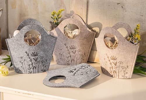 Dekoleidenschaft 4x Filztasche Blumenwiese beige & grau, Filz aus recyceltem PET, Geschenktasche, Osterkörbchen, Filzbeutel