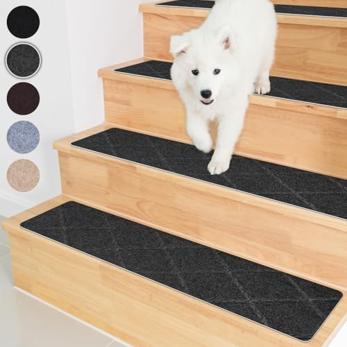 Homwiz Treppenstufen Matten, 65x20cm, Antirutsch Stufenmatten, Dunkelgrau | 15 Stück, Ohne Kleben, Rutschfest ,Waschbar Treppen Teppich, Wiederverwendbar Treppenteppich Innen für Haustiere Senioren