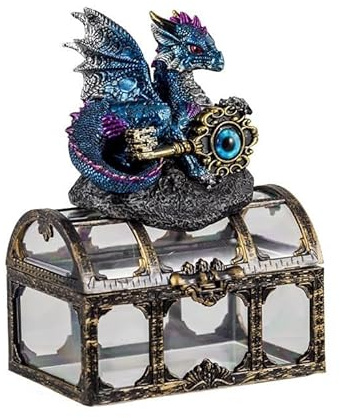 Figura Dragon Azul sobre baul de Resina Pintado a Mano 7x9x13 cm