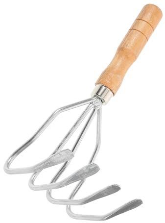 Veemoon Râteau à Griffes Portatif pour Balcon et Jardin, 4 Dents en Métal et Bois Antidérapant, Outil de Fouille pour Ramasse-Coquillages et Jardinage, Râteau à Main Polyvalent Robuste et Confortable