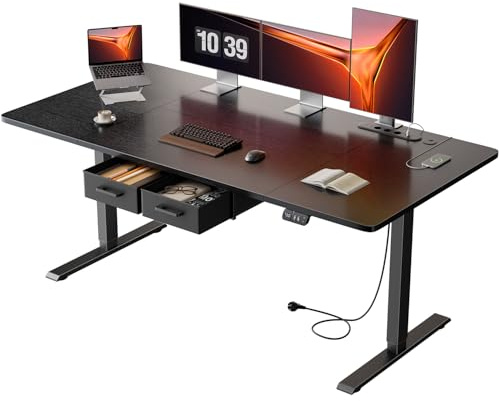 HLONONE Höhenverstellbarer Schreibtisch 160 x 80 cm mit Schubladen, Schreibtisch Höhenverstellbar Elektrisch mit Steckdosen und USB-Buchse, Stabiler Standing Desk mit Memory Funktion, Schwarz