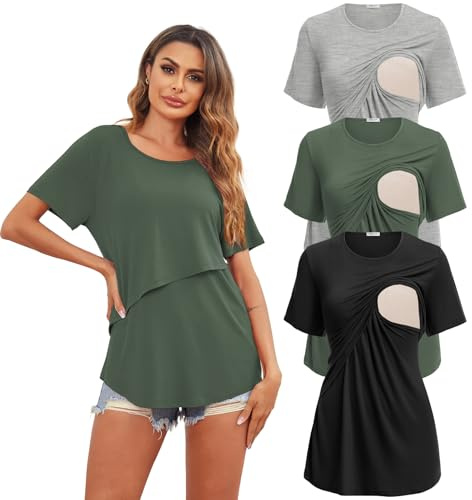 Ekouaer Confezione da 3 Magliette da Allattamento da Donna Manica Corta Gravidanza T-Shirt Estivi, Verde Militare + Grigio Chiaro + Nero, M