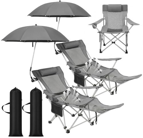 Colingmill 2 Pack Reclining Camping Chairs with 2 Umbrellas, Folding Beach Chairs with Footrest, Headrest, Cup Holder, 4-Position Adjustable Backrest Lounger for Lawn Outdoor, Picnic(Grey)