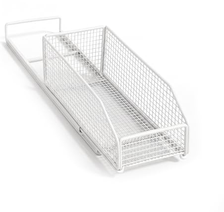 Brezento Teleskopschublade, Selbstklebendes Ausziehbare Schublade Küche, Aufbewahrungskorb Schubfach ohne bohren mit Schienensystem für Küchenschrank, Anrichten, Badezimmer, Weiß, 15 x 39 x 14cm