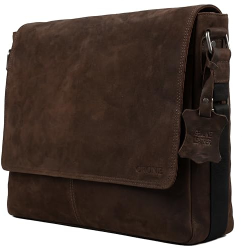 Crone Hamburg läder laptopväska, affärsväska av äkta läder, portfölj, arbetsväska, axelväska, laptopväska, Mörkbrun