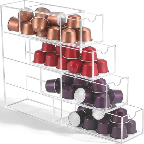 Cajón Almacenamiento Cápsulas Café Transparente con 4 Particiones, Porta Cesta Cápsulas Café Acrílico 24.6x17.5x6.5cm, Soporte Almacenamiento Scatola Desktop Ahorra Espacio para Cocina y Oficina